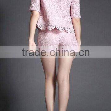 Latest Women Fasion Lace Suit Short Sleeve Crop Top and Shorts photo-3