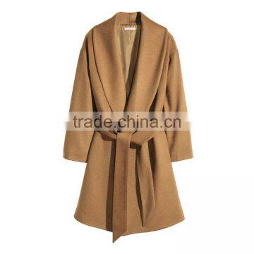HAODUOYI Winter Women Light Tan Pockets Belt Front Trench Coat V Neck Long Line Woolen Coat photo-2
