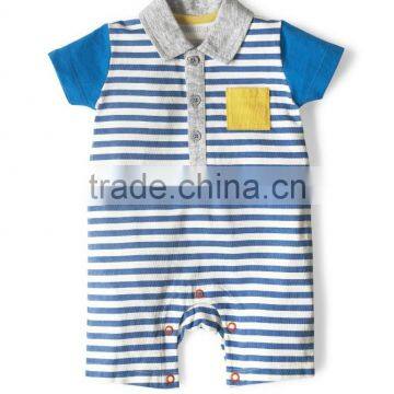 Latest Designs Short Sleeve Blue Stripes With Yellow Pockets Babywear Romper Cotton Baby Clothes