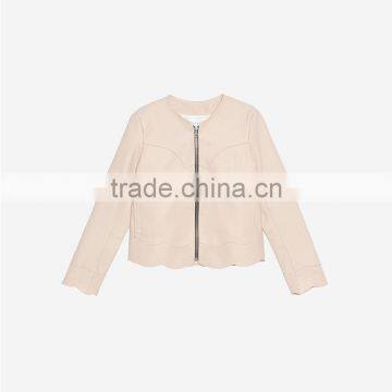 2017 Newest Simple Style Round Neck Wavy Hem Short Leather Jacket Women photo-6
