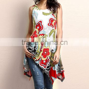 New Summner Women Tops With White And Red Floral Sleeveless Handkerchief Tunic Women Blouse Women Clothes GD90426-14