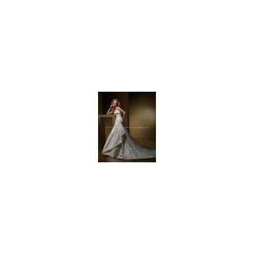 High quality satin appliqued beaded sheath bridal wedding gown custom made