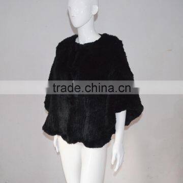 SJ429 Black Women Rabbit Sheared Fur Poncho Cape