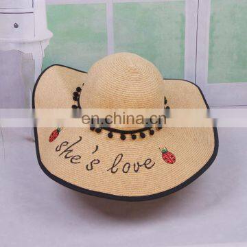 Ladybug Letters Embroidery Straw Hat Large Eaves Sunscreen Beach Hat photo-6