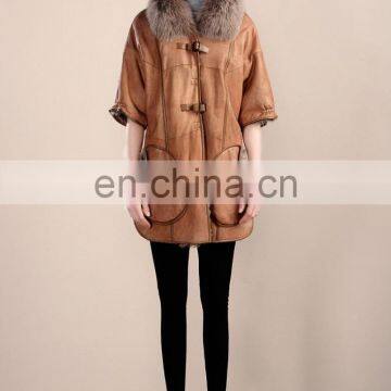 Fashion Design Fox Fur Collar Sheep Fur And Skin Jacket Short Sleeves Fur Coat Trend Winter Fur Dress photo-4