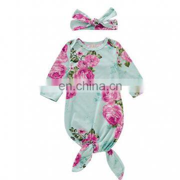 Soft cotton baby sleeping bag with hairband set floral print baby knotted gown