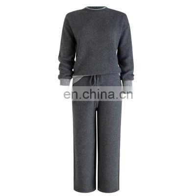 Women Plain Knit Cashmere Pullover Casual String Pants Lounge Set