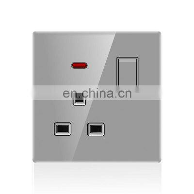 BAIJIANG UK standard 86 type 16A wall socket with switch 250V LED gray organic glass panel electrical switch socket