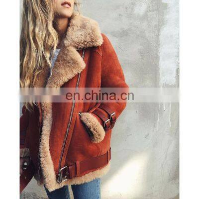 Wholesale Custom Winter Women's Fur Coat Motorcycle Deerskin Cashmere Lapel Wool Coat Woman Made Fur Coat photo-4