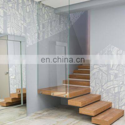 FoShan Villa Contemporary glass / wooden floating stair staircase with LED light