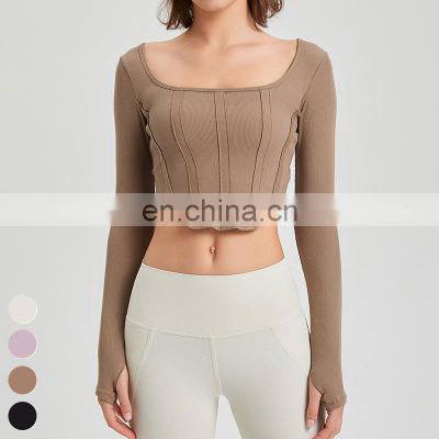 Recycled Fabrics TShirt Sexy Workout Running Clothing Gym Fitness Tops Long Sleeve Thumb hole Sports Tshirt Women Yoga Crop Top