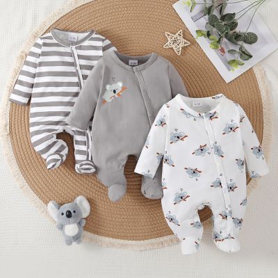 3pcs Newborn Baby's Solid Color + Cartoon Koala Pattern Long Sleeve Footed Romper, Toddler & Infant Boy's Bodysuit Set For Spring Fall