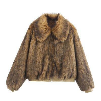 Fox yellow-brown natural color artificial fur coat, short style blouse with edgy girlish vibe