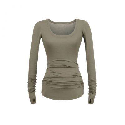 Solid Color Design Niche Long Sleeve Sleeve T-shirt Sexy Spice Girl Big U Collar Light Breathable Base Shirt photo-3