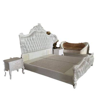 Leather bed solid wood carved double master bedroom bed 2 meters high-end champagne gold furniture home