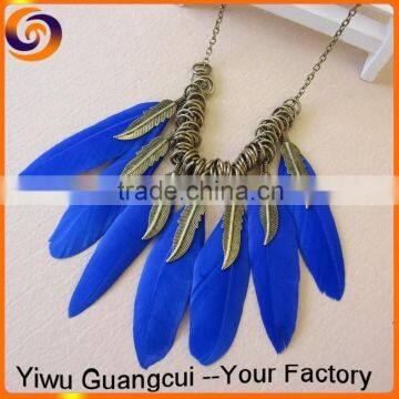 Vintage leaf Blue feather necklace