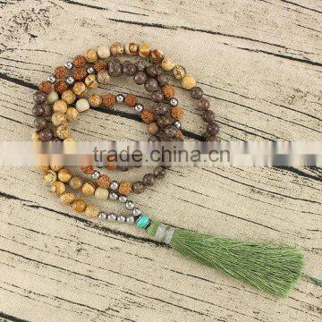 NE2366 Fashion natural matte gemstone picture jasper necklace with tassel