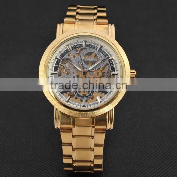 New Fashion Gold Skeleton Watch Men Luury Brand Self Wind Mechanical Wristwatches Male Stainless Steel Analog Clock W125