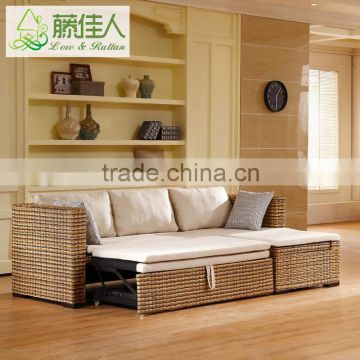 Trendy French Style Natural Rattan Click Clack Corner Sofa Cum Bed