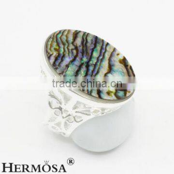 Precious Rainbow Real Abalone Shell 925 Sterling Silver Oval Big Stone Ring photo-2