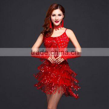 2016 Stage Performance Girls Dance Competition Ballroom Samba Costume 3pcs Set with Neckalce Sleeves Sequins Latin Dress Women