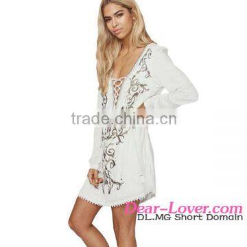2016 Plunge V Lace-up Neck Floral Embroidered Cover up Beach Dress photo-2