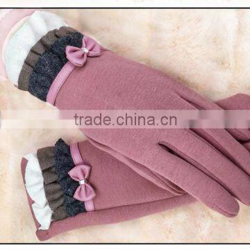 Elastic Cotton Touch Screen Gloves With Cute Ribbon Hotsale For Christmas 2015