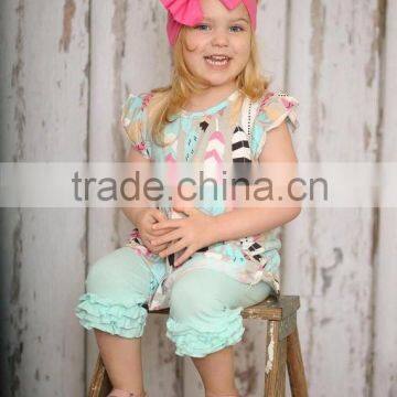 2-6Y (CS829#green) New girl boutique short ruffle set with feather printing for children