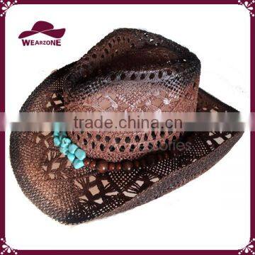 Chocolate 100% straw cowboy hat with blue beads