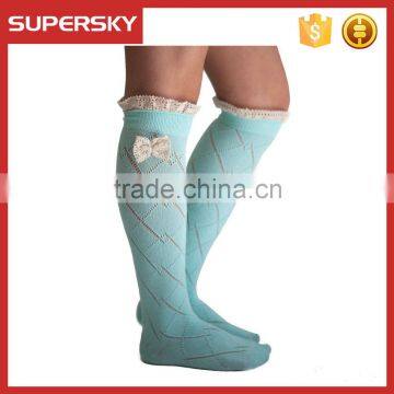 C04-7 Mint Ruffled knit Boot Socks with Lacy Bow Open Knitted Lace Boot Socks with Crochet Lace Trim and Buttons