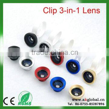 mobile camera extra fish eye lens, clip lens 3 in 1 for phone accessories