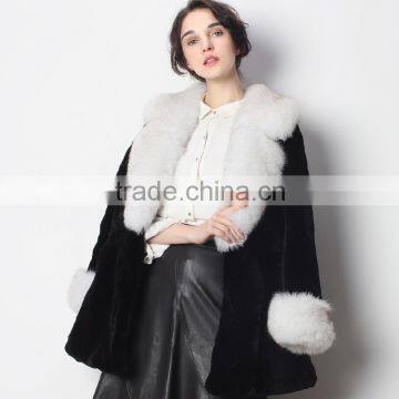 Real High Quality Black Rex Rabbit Fur Jacket with Fox Fur Collar and Cuff with Cheap Factory Price