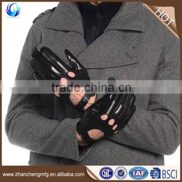 Men's fashion black short full fingers sheepskin leather driving gloves