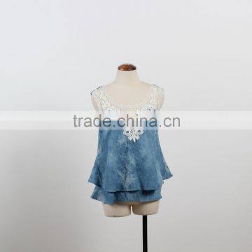 OEM Custom designs denim shirt with lace sleeveless causal girl woman top in Guangzhou