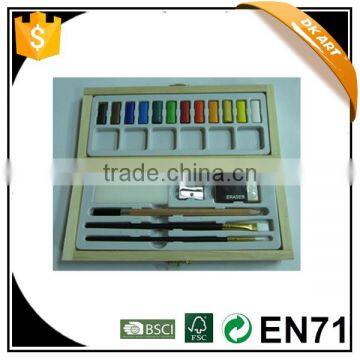 DK27258 Artists' Watercolor easy carry Set,wooden box size:22x10.5x3.6cm,inlcuding 12colrs water color cake, 2pcs of brush, 1pc