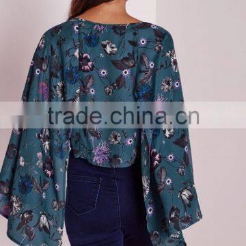 2016 Latest Fashion Design Lady Printed Cape Sleeve Tie Front Blouse photo-5