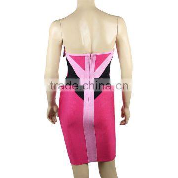 2015 New Fashion Pink And Black Tribal Geometric Embellished Strapless Sexy Women HL Bandage Cocktail Party Dress photo-4