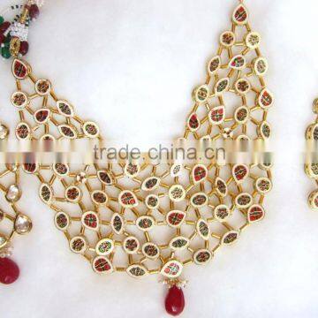 GOLD Kundan Meenakari Necklace Dangler EARRING Set photo-3