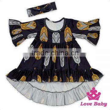 Ruffle short front long back casual FAUX SUEDE baby dress printed father & bow headband kids designer frock