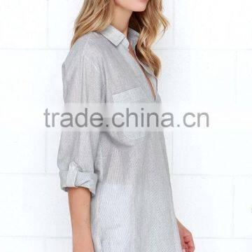 Loose Short Sleeve With Pocket Striped Design Lady Blouse photo-4