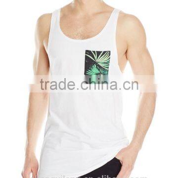 High quality white slim fit digital printing sports wear,gym wear singlet/tank top with printed pocket