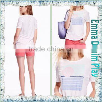 2016 Manufacturers China Ladies Sexy White Silk Printed Scoop Neck Cotton Tee Shirts photo-5