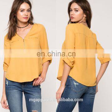 2017 Wholesale women casual blouse designs new model zippered neck woman blouse