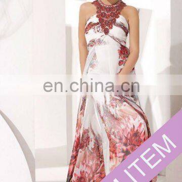 2012New design beaded halter top long chiffon name brand girls dresses