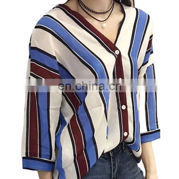 TWOTWINSTYLE Striped Chiffon Shirt Blouse Female Three Quarter Sleeve V Neck Casual Shirts Tops