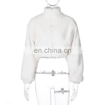 Hot Selling White Color Women Winter Fleece Zip up Crop Bomber Jackets and Coats photo-6