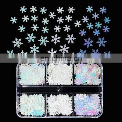 Best Selling Wholesale 6 Grid DIY Snowflake Shape Laser Shining 3D Holographic Nail Art Glitter Sequin Snowflakes Christmas