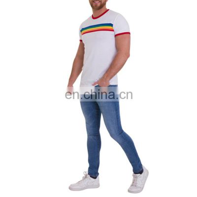 Yihao hot Sell Mens Chest Rainbow Striped Short Sleeve Sport T Shirt