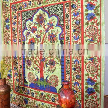 Indian Tapestry Cotton Temple Tree Print Green Vintage Wall Hanging Tapestries Throw Mandala Print Bedsheet