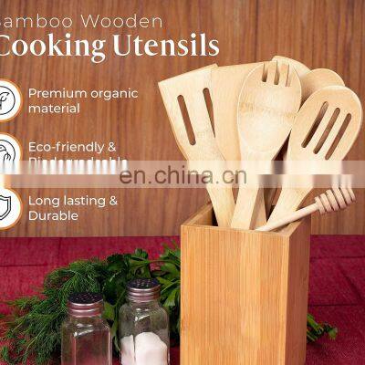 Organic Bamboo Wooden Kitchen Cooking Tools Spoons Spatulas Utensils Set With Holder photo-5